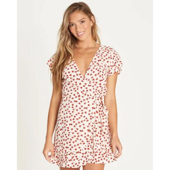 Billabong Wrap and Roll Dress White Red Mini Floral Ruffle Hem Size M Romantic - Picture 1 of 12